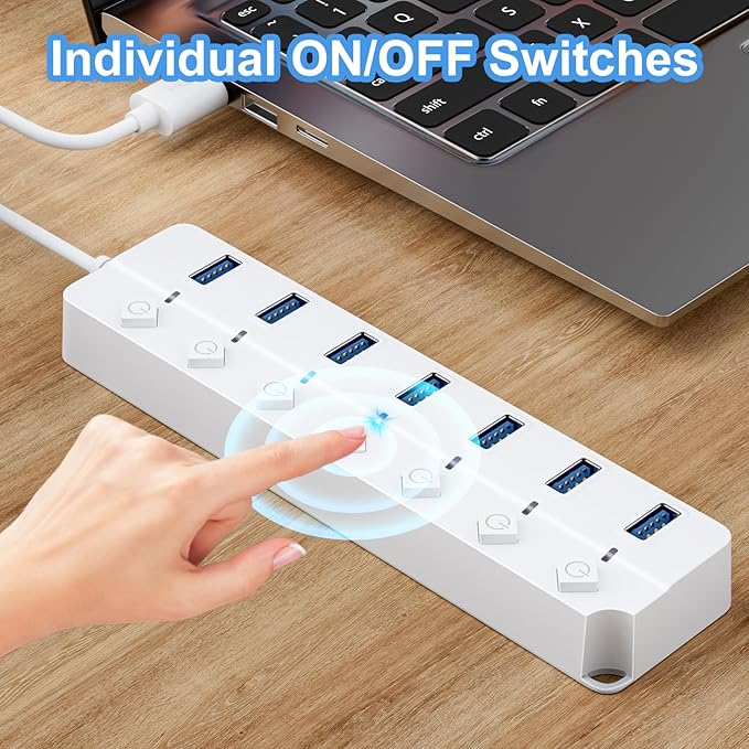 USB Hub 3.0, 7-Port USB Hub Splitter with Individual On/Off Switches and Lights, 3.2ft/1m Long Cable Compatible with MacBook, Laptop, Surface Pro, PS4, PC, Flash Drive, Mobile HDD-White