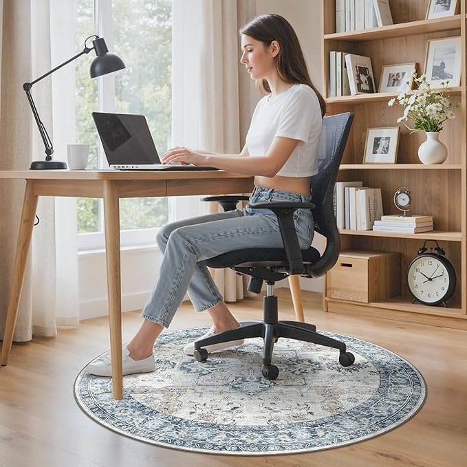 48"x48" Office Chair Mat for Hardwood Tile Floor, Under Desk Carpet Protector for Rolling Computer Chair Mat, Machine Washable Round Area Rug, Anti-Slip 1/5" Thick Low Pile Thin Floor Mat, Blue