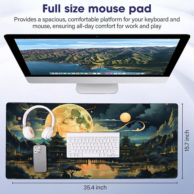 Full Desk Mouse Pad with Stitched Edges, 35.4” x 15.6” Waterproof Surface & Non-Slip Rubber Base – Ideal for Gaming, Office and Home