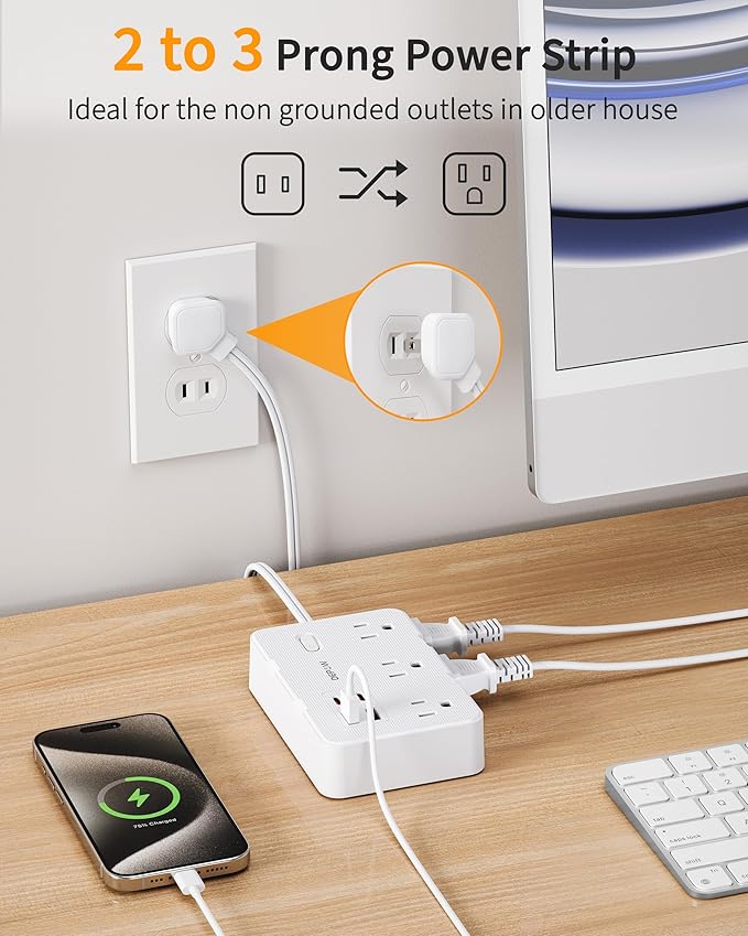 2 Prong to 3 Prong Adapter Power Strip - 6 Outlets & 4 USB Ports (2 USB-C), 1050J Two Prong Surge Protector, 5FT Extension Cord, Wall Mount - Ideal for Old Houses Non-Grounded Outlets