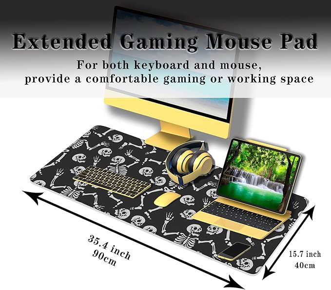 Long?Mouse?Pad Black Keyboard Mat, Big Mouse Pads Large Mousepad XXL Mats, Gaming Desk Pad Non-Slip Rubber Base, 35.4 X 15.7 inch for Work/Game/Office/Home Skeletons Dancing at A Party