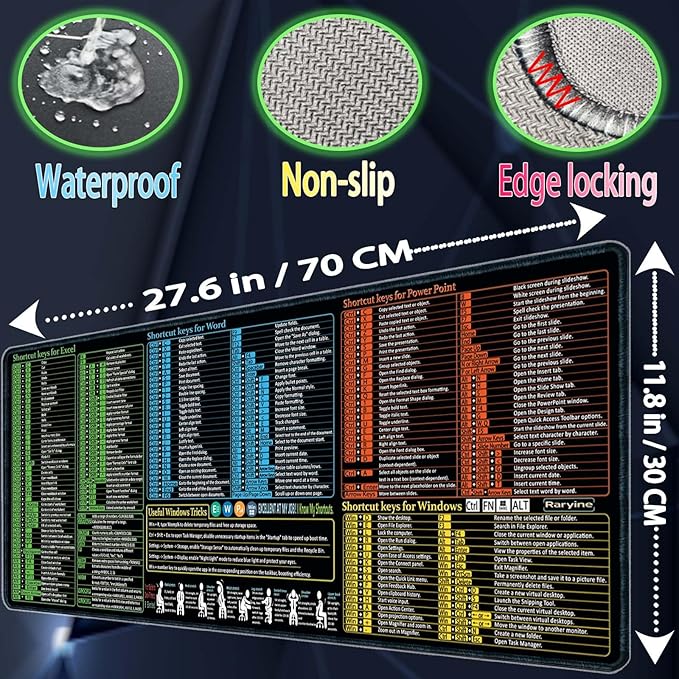 Excel/Word/Power Point/Windows Mouse pad,Non-Slip&Waterproof Large Gaming Office pc Desk mat,Over 200 Keyboard Shortcuts Mousepad(27.6L x 11.8W inches)