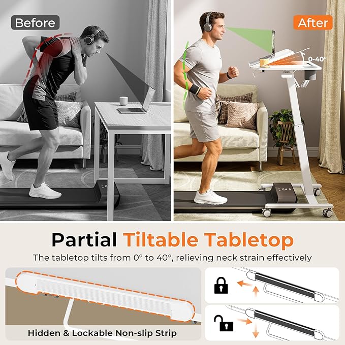 JOY worker Tiltable Treadmill Walking Pad Desk, 31.5" Small Pneumatic Height Adjustable Standing Desk with Cup Holder & Towel Rack, Mobile Bike Trainer/Cycling Stand for Home Office Fitness, White
