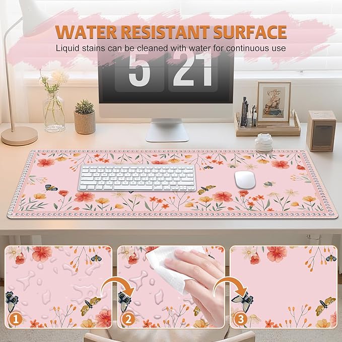 Desk Pad for Keyboard and Mouse, Large Mouse Pad for Desk, Non-Slip Keyboard Mat, Computer Mats for Desk, Cute Desk Pad with Stitched Edges for Office, Gaming I Pink Butterflies Flowers