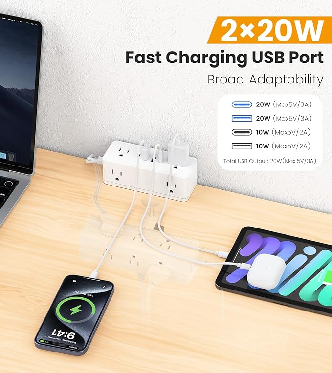 Dual Layer Desk Clamp Power Strip, Desktop Edge Mount Surge Protector with 15 AC Outlets & 4 USB Ports(20W USB-C), Ultra Thin Flat Plug & 5FT Power Cord for Office Home(ETL Listed)