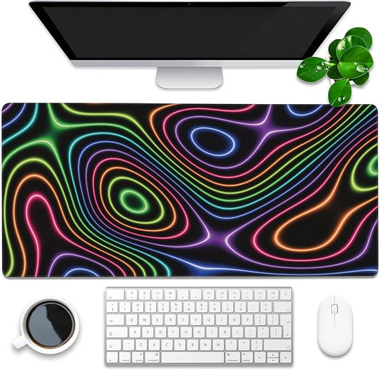 Desk Mat, Colorful Neon Topographic Contour Map Extended Gaming Mouse Pad Large, 35.4"x15.7" Big Mouse Pad with Non-Slip Base and Stitched Edge, Long Computer Keyboard Mouse Mat for Home Office Work