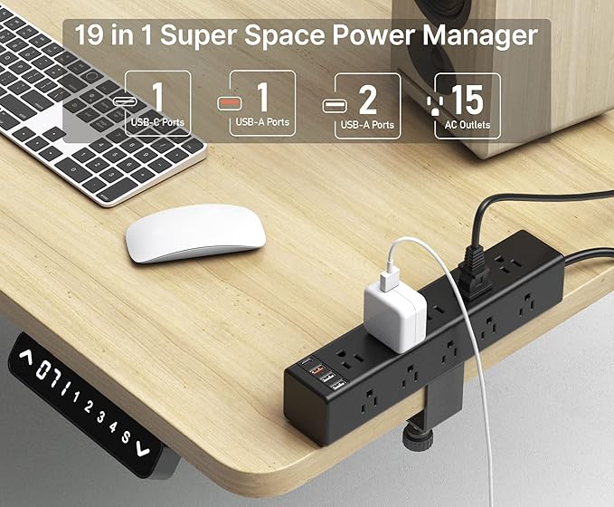 CCCEI Standing Desk Clamp Power Strip with 15 Outlets, Widely Spaced Desktop Edge Mount Surge Protector Outlet, Fast Charging USB-A and USB-C Ports, 10 FT Flat Plug, Fit 1.6 inch Table top. Black