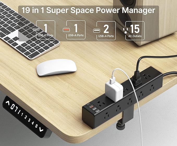 CCCEI Standing Desk Clamp Power Strip with 15 Outlets, Black Desktop Edge Mount Surge Protector Outlet, Fast Charging USB-A and 45W USB-C Ports, 4 FT Flat Plug, Black Fit 1.6 inch Table top.