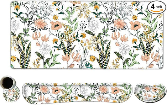 DINKY Keyboard Mouse Pad Set, Large Gaming Mousepad + Memory Foam Ergonomic Keyboard Wrist Rest Support, Easy Typing Pain Relief, 4Pcs (35.4" x 15.7") Extended Desk Mat -Beautiful Floral