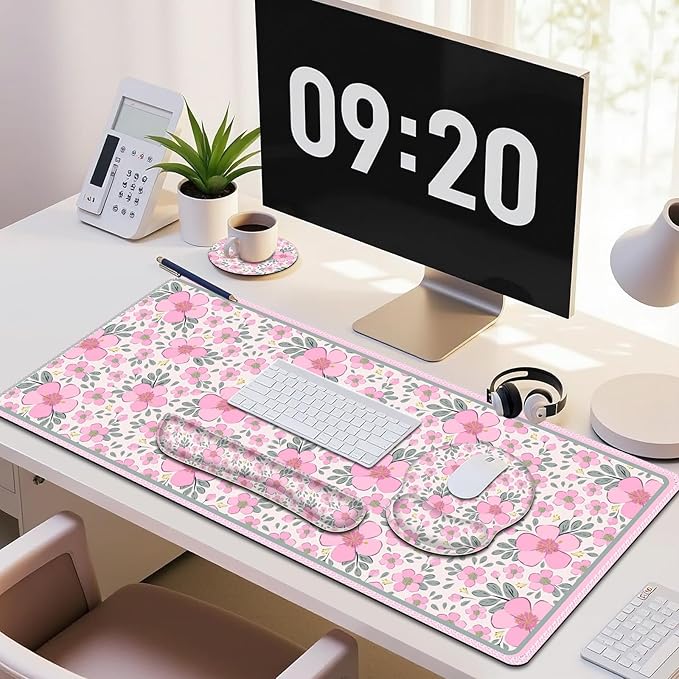 Floral Desk Mat, 4in1 Large Mouse Pad with Wrist Rest, Cute Desk Matt for Desktop, Deskpad Mat, Anti-Slip XXL Computer Ergonomic Mousepad with Wrist Support for Keyboard and Mouse I Pink Flowers