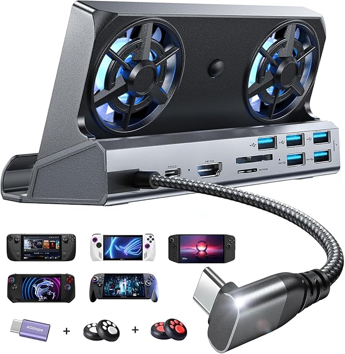 LISEN 10-IN-1 Docking Station for Steam Deck OLED&ROG Ally X&Legion Go, Dual Cooling Fan 5 USB Ports and 4K@60Hz, 100W Charging Port Support ROG Ally 30W Mode, Gigabit Ethernet Fit for Steam Deck OLED