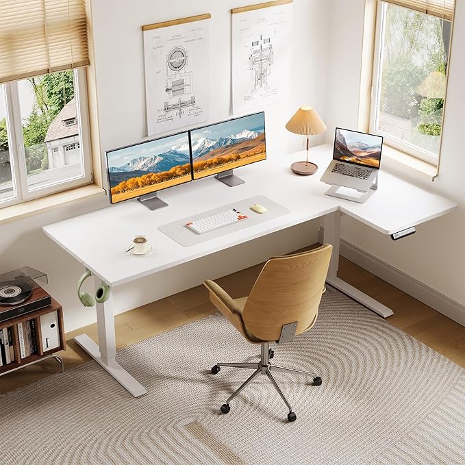 OffiGo Electric L Shaped Standing Desk, 63 Inches Height Adjustable Table, Reversiable Corner Stand Up Desk, Lifting Computer Table for Home Office, Computer Workstation, White