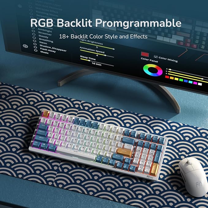 RK ROYAL KLUDGE RK98 Wireless Mechanical Keyboard, Triple Mode 2.4G/BT5.1/USB-C Hot Swappable Keyboard with Number Pad, Pre-lubed Clicky Switches RGB Backlit Gaming Keyboard, Software Support