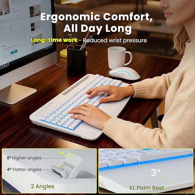 White Keyboard and Mouse Wireless Combo, 4000mAh Rechargeable Backlit Quiet Keyboards mice Set, USB Ergonomic Key Board with Wrist Rest & Phone Holder for PC, Mac, Windows, Natural Soft Typing