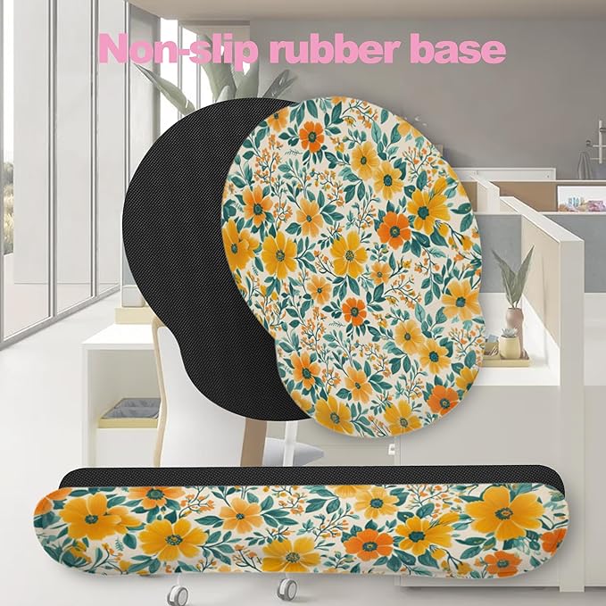 Wildflowers Spring Flowers Plants Mouse Pad with Wrist Rest and Keyboard Wrist Rest Set, Non-Slip Rubber Base Memory Foam Mouse Pad Set for Women, Office Desk Accessories, Gaming