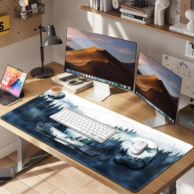 Large Mouse Pad, Keyboard Wrist Rest Set, Ergonomic Mouse Pad with Wrist Support, Desk Mat with Stitched Edges + Coaster, Extended Desk Pad Waterproof Desk Mat for Home Office Game I Misty Forest
