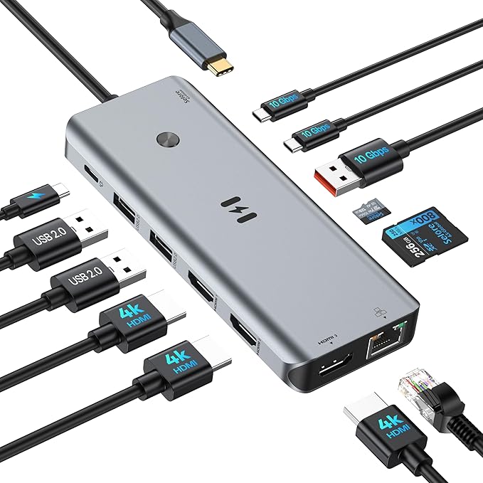 USB C Docking Station 3 HDMI, Selore 12-in-1 Docking Station 3 Monitors with Triple HDMI, 10Gbps USB A/C 3.1, 100W PD Charging, Gigabit Ethernet, SD/microSD Card Reader for Dell/HP/Lenovo Laptops