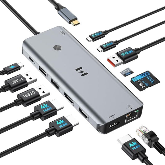 USB C Docking Station 3 HDMI, Selore 12-in-1 Docking Station 3 Monitors with Triple HDMI, 10Gbps USB A/C 3.1, 100W PD Charging, Gigabit Ethernet, SD/microSD Card Reader for Dell/HP/Lenovo Laptops