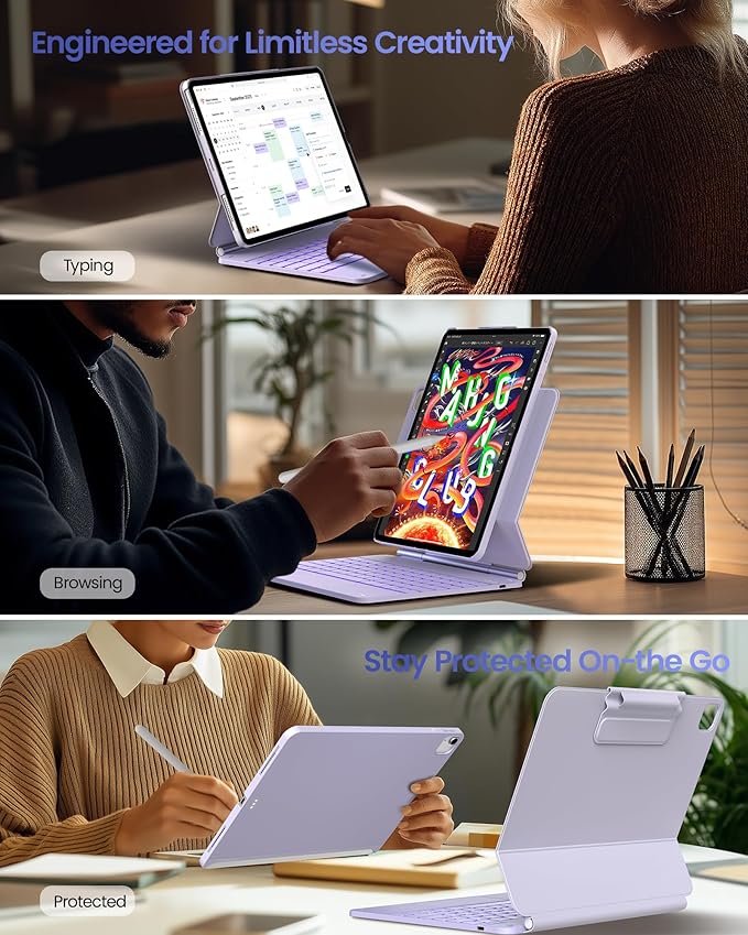 typecase Edge+ Keyboard Case for iPad Air 13"(M4/M3/M2, 2026/2025/2024) & iPad Pro 12.9"(3/4/5/6th Gen),Ultra-Slim Detachable Case,Portrait &Typing Modes,11-Color Backlight,Magnetic Stand,Light Purple