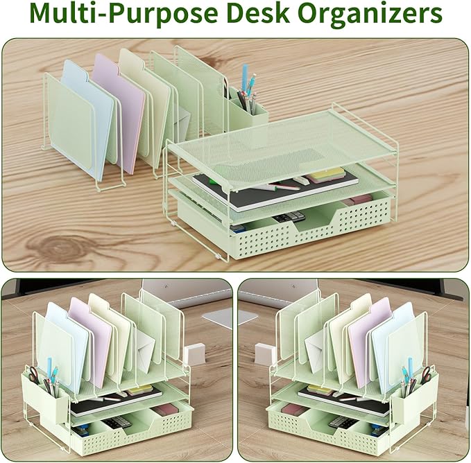 Green Desk Organizer, Office Organization with Vertical File Holder, File Organizer with Drawer and Pen Holder, Desk Accessories and Workspace Organizers for Home Office (Green)