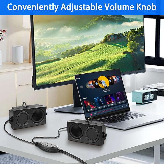 MEIRIYFA Computer Speakers for Desktop PC Laptop, Mini PC Computer Speaker USB Powered 3.5mm AUX Jack Input with Volume Control, HiFi Stereo PC Loudspeaker for Desktop Tablet (Black, 1.2M)