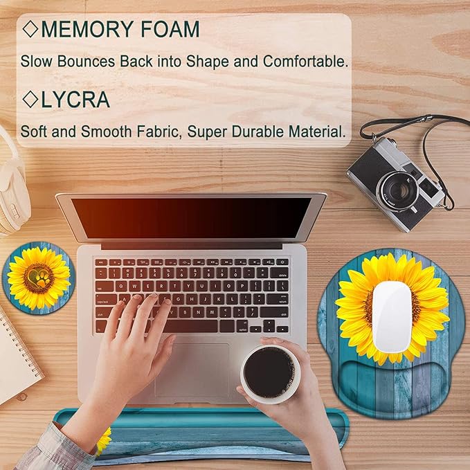 Keyboard Wrist Rest and Mouse Pad with Wrist Support, Ergonomic Mouse Pad Coaster, Comfortable Lightweight for Easy Typing Pain Relief, Memory Foam Keyboard Mousepad Set,Blue Sunflower Dog Paw