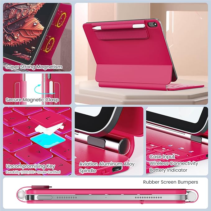 for iPad 11th(A16, 2025)/10th Generation Case with Keyboard, Magic Keyboard 2022, Springy Backlit Keys, Stain-Resistant Surface, Multi-Touch Trackpad, Azalea Red