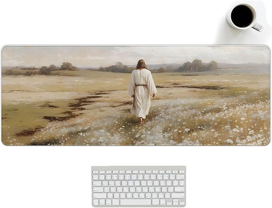 Christian Mouse Pad Jesus and Flroal Desk Mat Religious Large Computer Mouse Pad for Desk, Jesus XL Long Aesthetic Desktop Mats for Office Christian Gifts for Women 31.5x11.8