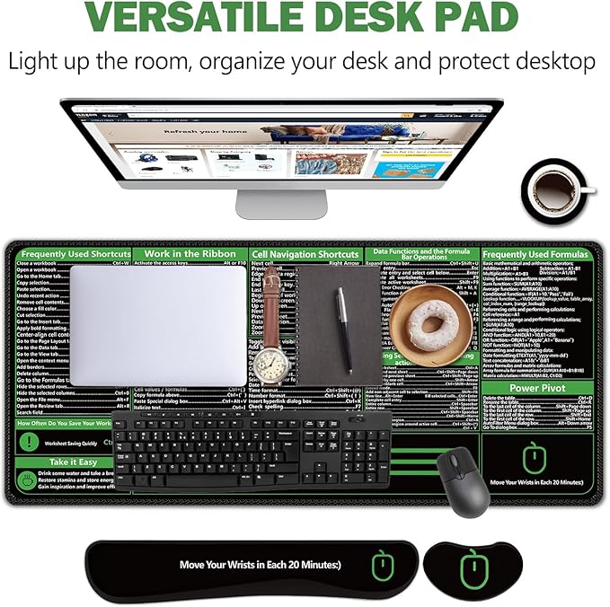 AIMSA Shortcuts Cheat Sheet Mouse Pad, Large Keyboard Shortcut Keys Desk Mat+ Mouse Pad with Wrist Rest+ Keyboard Wrist Rest Support+ Coaster, Ergonomic Multifunctional Mousepad