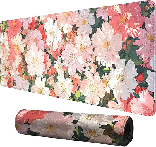 Colorful Cherry Blossoms Desk Pad Floral Mouse Pad,Large Flowers Mouse Mat with Stitched Edges,Non-Slip Rubber Base Mousepad for Office PC Keyboard Laptop and Home Work Desk Mat(31.5X11.8 in)