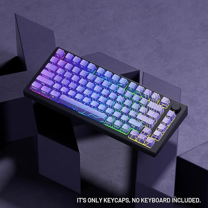 HITIME XVX Shine Through Keycaps w/IMD Tech, Custom Topographic Keycaps 60 75 100 Percent, Purple Key Cap Set 118 Keys Lines Backlit, OEM Profile Side Printed for Keyboards