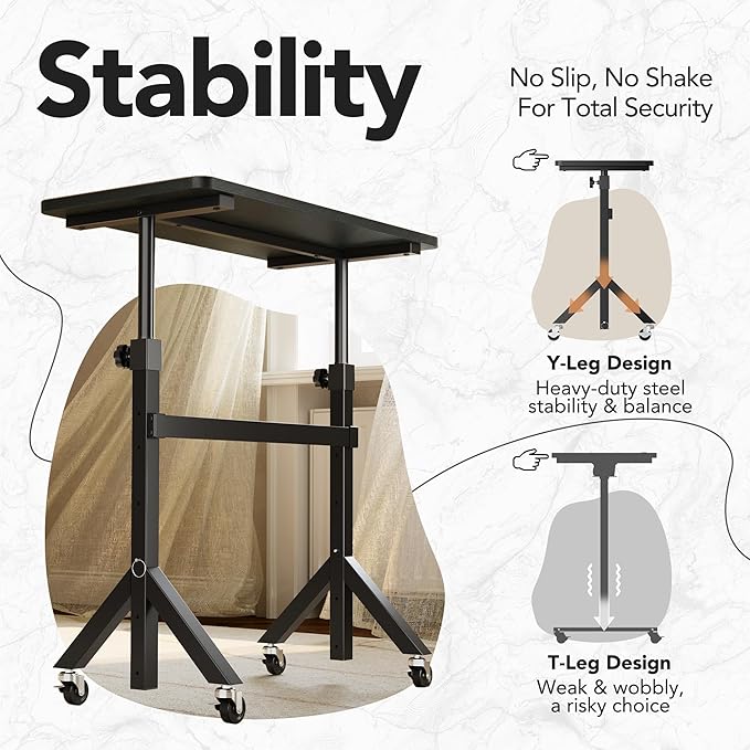 HUANUO 32'' Small Standing Desk with Wheels,28.7"-46.1" Heigh Adjustable Portable Rolling Desks,Mobile Stand Up Desk for Walking Pad and Treadmill,Sit to Stand Computer Workstation for Bedroom,Black