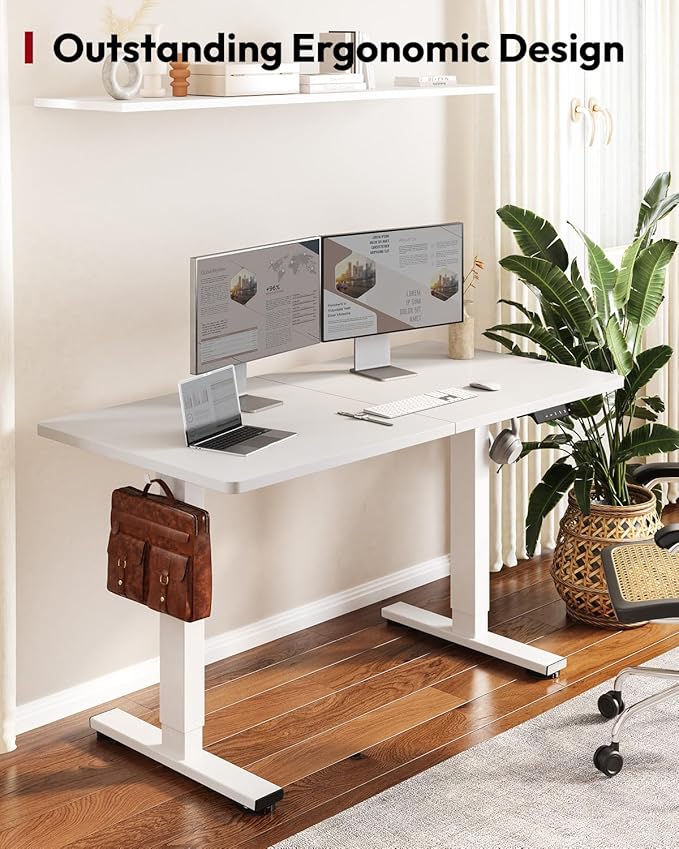 SANODESK Height Adjustable Electric Standing Desk 63x24 Inches, Sit Stand Desk with Splice Board for Home Office, Ergonomic Computer Workstation, Study & Gaming, White Frame/White Top