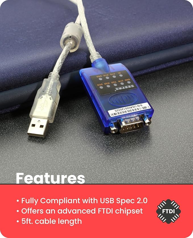 Gearmo USB to Serial RS-232 Adapter with LED Indicators, FTDI Chipset, Supports Windows 11/10/8.1/8/7, Mac OS X 10.6 and Above