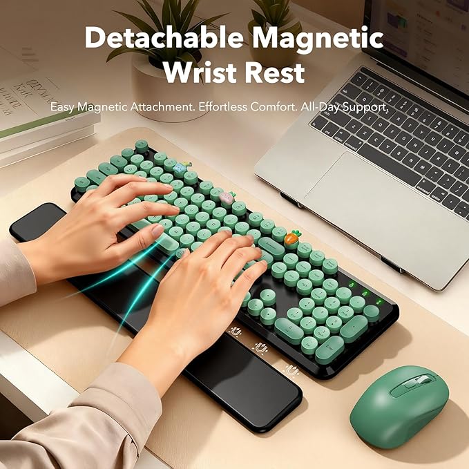 Wireless Keyboard and Mouse Combo, Round Keycaps, Full-Size Retro Typewriter Keyboard with Magnetic Wrist Rest, Tilt Legs, 2.4GHz Cordless for Mac, Windows PC, Laptop, SABLUTE CK23, Black & Green