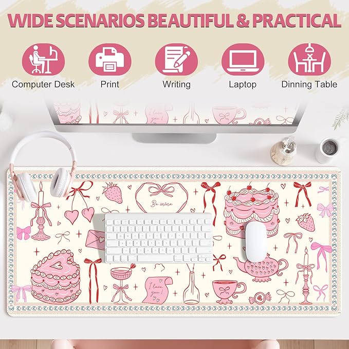Desk Pad for Keyboard and Mouse, Large Mouse Pad for Desk, Non-Slip Keyboard Mat, Computer Mats for Desk, Cute Desk Pad with Stitched Edges for Office, Gaming I Kawaii Pink Bow Heart