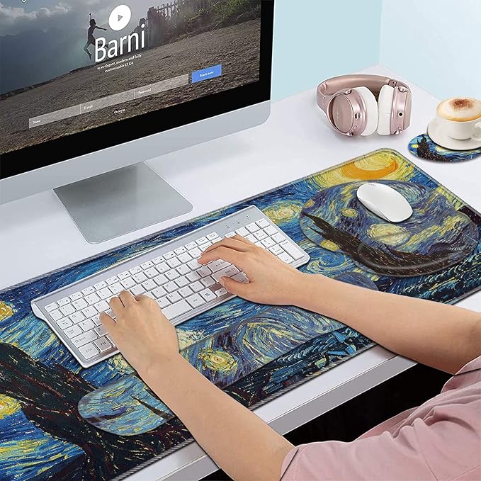 Keyboard Wrist Rest and Mouse Pad Wrist Support Set,Ergonomic Memory Foam Wrist Pad & Non Slip Base for Home Office Working Studying Easy Typing,Pain Relief,Starry Night
