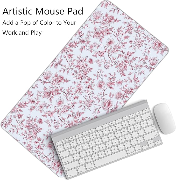 Pink Chinoiserie Mouse Pad,Vintage Pink and White Floral Desk Mat,XL Large Vintage Flowers Preppy Mouse Pad,Girly Laptop Desk Mat for Dorm Home Office,23.6x11.8 Inch