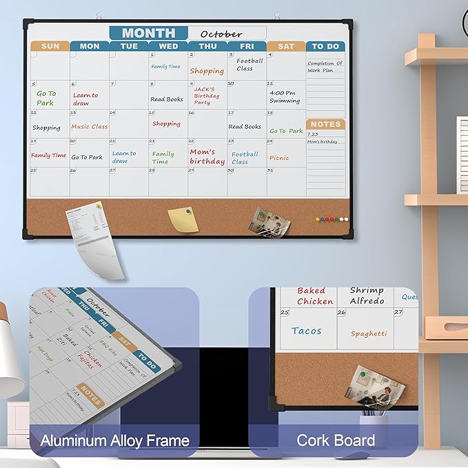 Monthly Calendar Dry Erase Board 36x24 Inch, Double-Sided Whiteboard and Corkboard Combo with Black Aluminum Frame (Color Calendar), Wall Mounted Planner with Marker, Magnet, Push Pin, Eraser