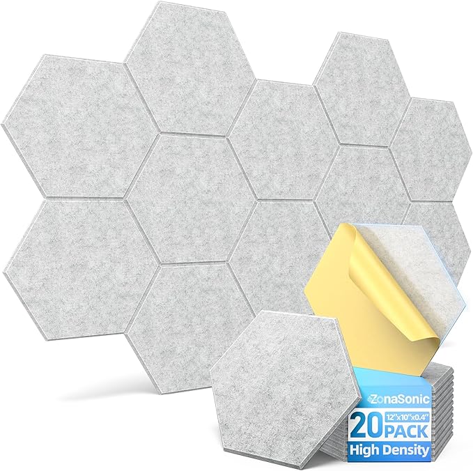 20 Pack Hexagon Acoustic Panels with Self-Adhesive, 12" X 10" X 0.4" Sound Proof Foam Panels for Walls, High Density Soundproof Wall Panels, Sound Dampening Panels for Home Studio Decor Office - Gray