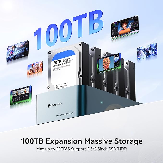 Yottamaster 5 Bay Hard Drive Docking Station Aluminum for 2.5''/3.5'' SATA SSD/HDD, USB 3.2 Gen1 Hard Drive Cloner Duplicator, Supports UASP and Up to 100TB (5x20TB) for 1-to-4 Offline Cloning (KB500)