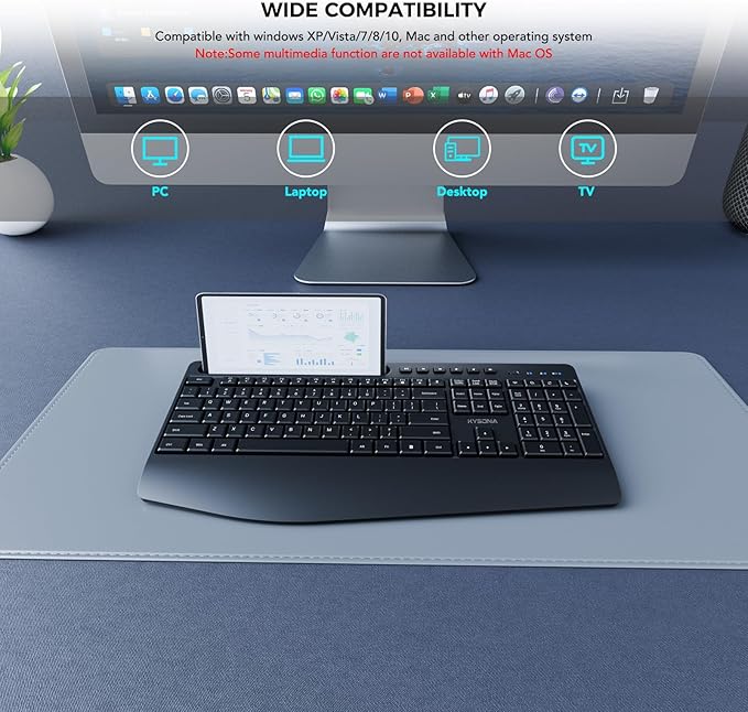 KYSONA 5th Gen Wireless Keyboard, 2.4G Full-Sized Cordless Ergonomic Keyboard with Wrist Rest, Phone ipad Holder, Adjustable Angle, Compatible with Laptop/PC/Mac/Windows, Black