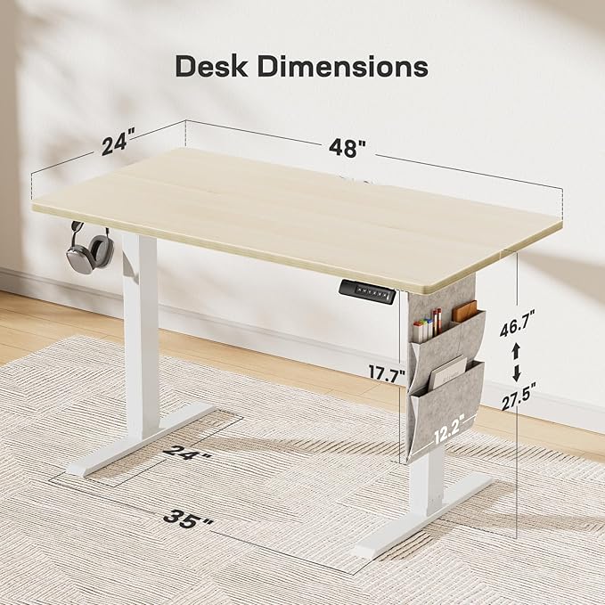 Marsail Standing Desk Adjustable Height Home Office Desk,‎48x24 Inch Electric Standing Desk, Stand up Desk with Storage Bag,Headphone Hook for Computer Workstations Desk 4 Memory Preset