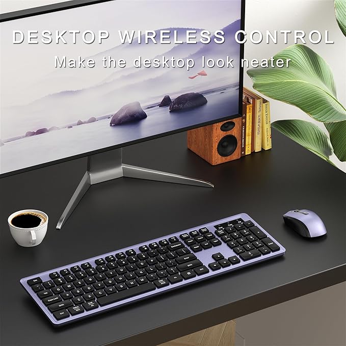 Wireless Keyboard and Mouse Combo, Full-Size 104-Key Office Keyboard with 15 Function Keys, Numeric Keypad, Single USB Receiver, Compatible with PC and Laptop(Purple)