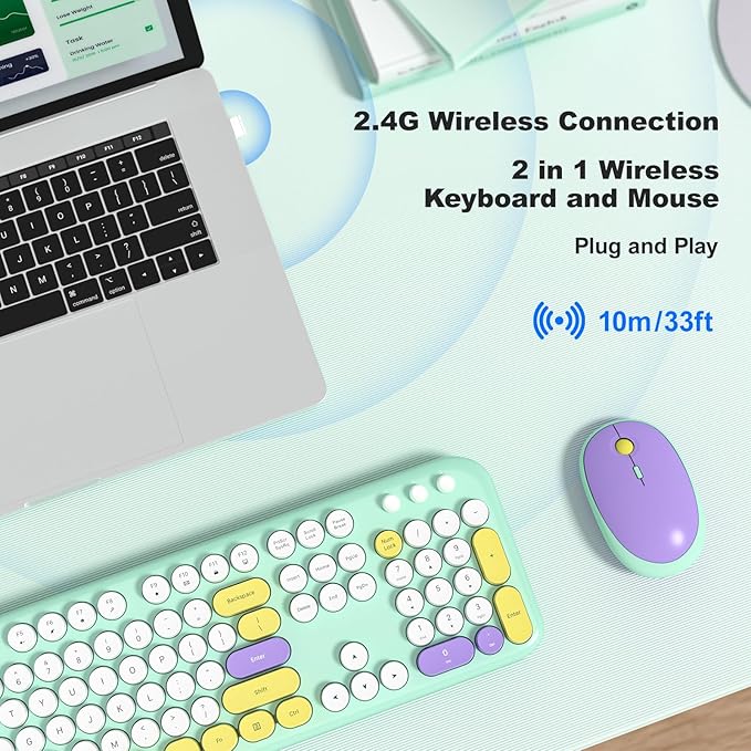 KNOWSQT Wireless Keyboard and Mouse Combo - Lovely Tiffany Blue 2.4G Full-Sized Colorful Keyboards, Round Keycap USB Dongle Plug Play Cute Keyboards for Windows, Laptop, PC, Desktop, Mac