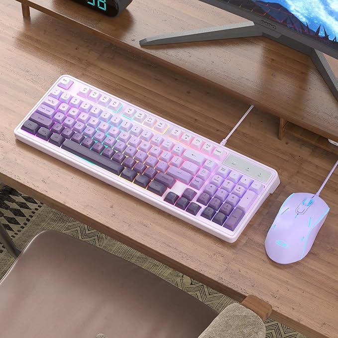 Camiysn Wire Gaming Keyboard, 7 Colorful Rainbow Backlight Classic Gaming Keyboard (Purple-Set)