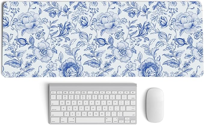 Blue Chinoiserie Mouse Pad,Blue and White Floral Desk Mat,XL Large Floral Preppy Trendy Mouse Pad,Girly Gaming Mousepad,Girly Laptop Desk Mat for Dorm Home Office Decoration,31.5x11.8 Inch