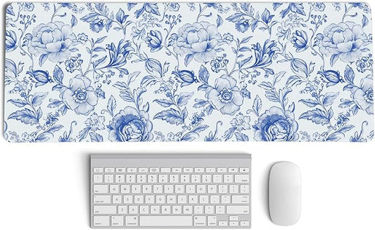 Blue Chinoiserie Mouse Pad,Blue and White Floral Desk Mat,XL Large Floral Preppy Trendy Mouse Pad,Girly Gaming Mousepad,Girly Laptop Desk Mat for Dorm Home Office Decoration,31.5x11.8 Inch