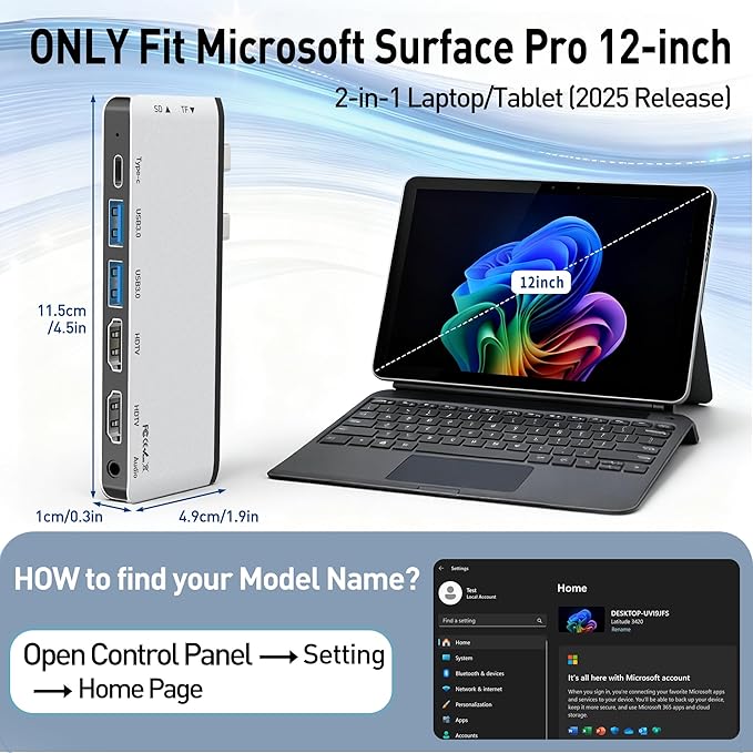 Surface Pro 12 Docking Station, Quad Display Surface Pro 12 USB Hub with Dual 4K HDMI, Thunerbolt 4 Hub (4K@60Hz Display+ 40Gbps Data+ 100W Charge), 2 USB3.0, SD/TF, Audio for Surface Pro 12 inch 2025