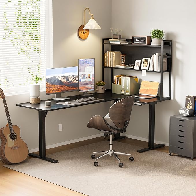 OffiGo L Shaped Electric Standing Desk, 63 Inch Reversible Corner Stand up Table with Hutch, Height Adjustable Ergonomic Large Lift Table for Home Office, Workstation, Black